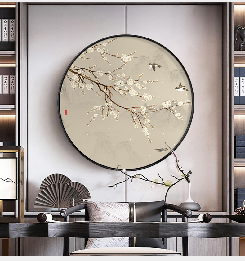 餐厅装饰画新中式茶室餐厅挂画新中式圆形玄关装饰画茶室走廊过道壁画