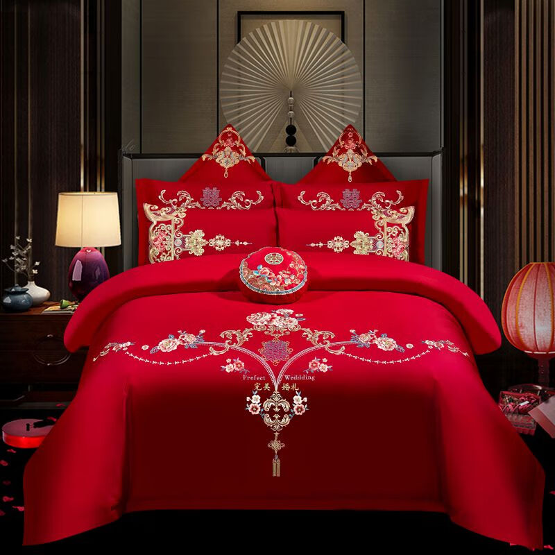 结婚床上用品四件套婚庆绣花套件18m多件套20m床龙凤大红色的婚床铺盖