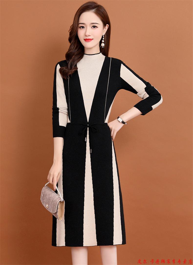 皮尔卡丹官方高档品牌女装半高领连衣裙女2021年秋冬天修身收腰过膝