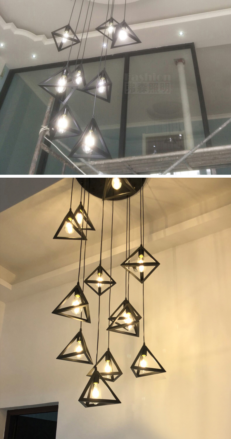 简纤工业风loft吊灯三角形创意个性楼梯吊灯北欧现代简约别墅复式楼大