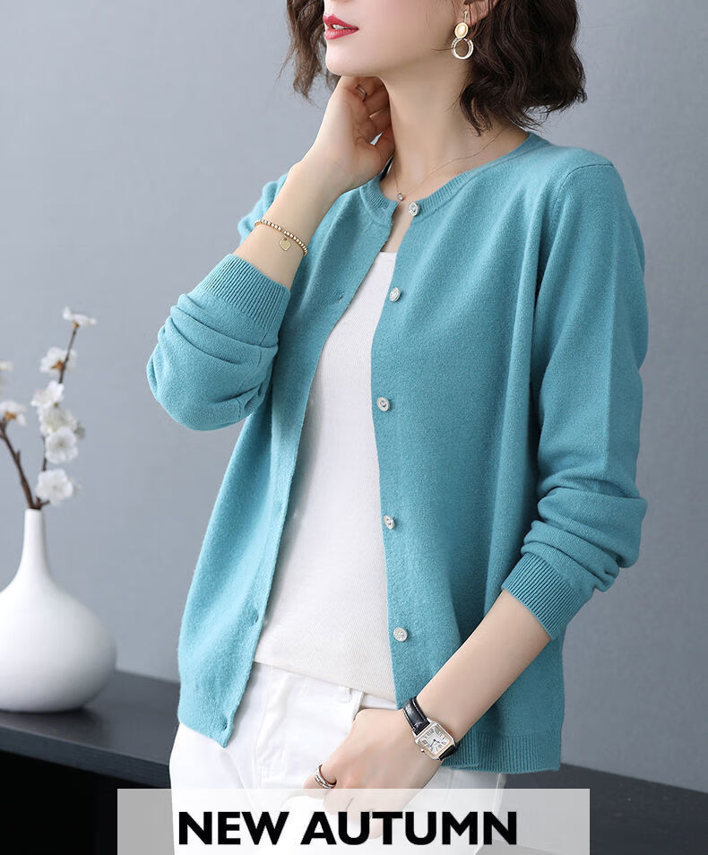 erjo针织开衫外套女新款宽松外穿毛衣秋装上衣女短款圆领百搭外套青色
