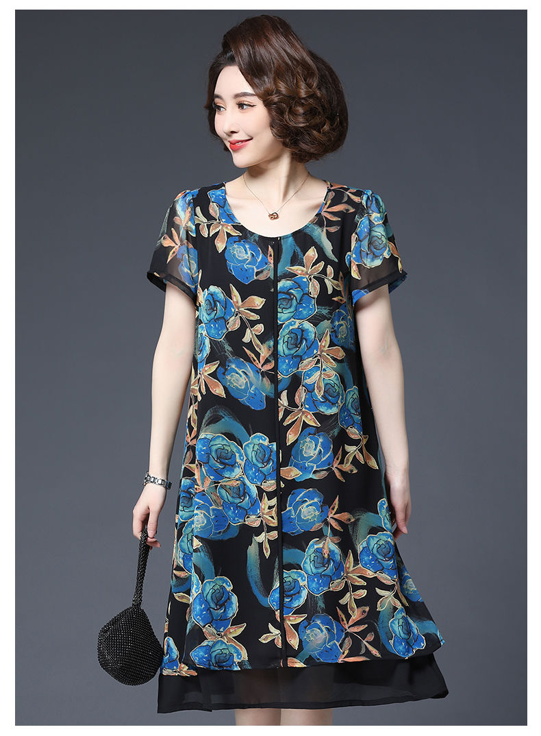 意枕上加肥加大码女装夏装连衣裙女胖mm大码遮肚短袖过膝连衣裙大码