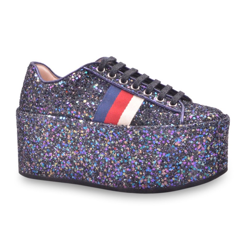 gucci古驰女鞋亮片条纹拼色厚底系带松糕鞋475105银色意码345