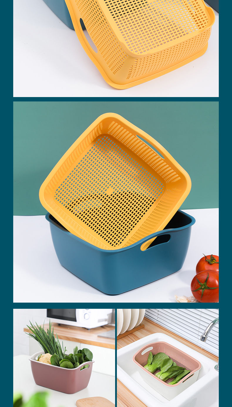 创意双层沥水篮洗菜盆厨房多功能水果篮菜篮塑料菜筐洗菜篮置物篮虾红