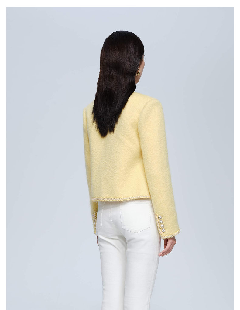 bebe2021冬季新品女士长袖小香风羊毛短款珍珠夹克440304 黄色 xs