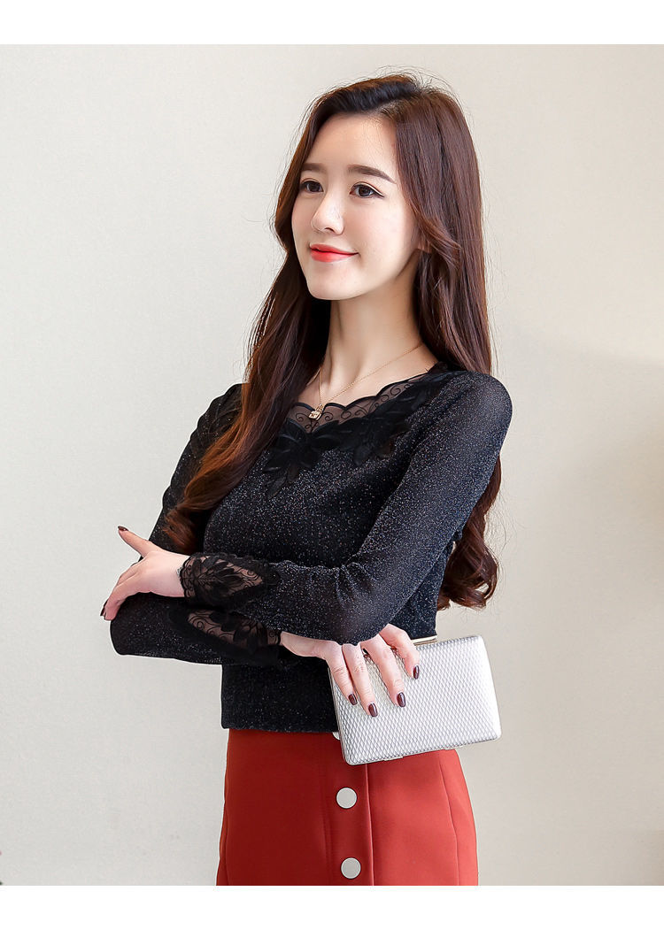 蕾丝打底衫女长袖春秋季新款修身网纱上衣百搭洋气亮丝针织衫小衫玫红