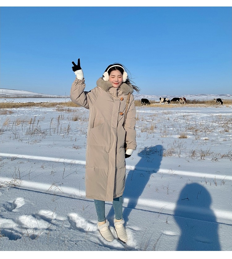 105787-拉夏贝尔羽绒服女中长款女装2021年冬季新款冬装连帽面包服女休闲宽松保暖羽绒服女 奶茶色 M【推荐120-150斤】-详情图