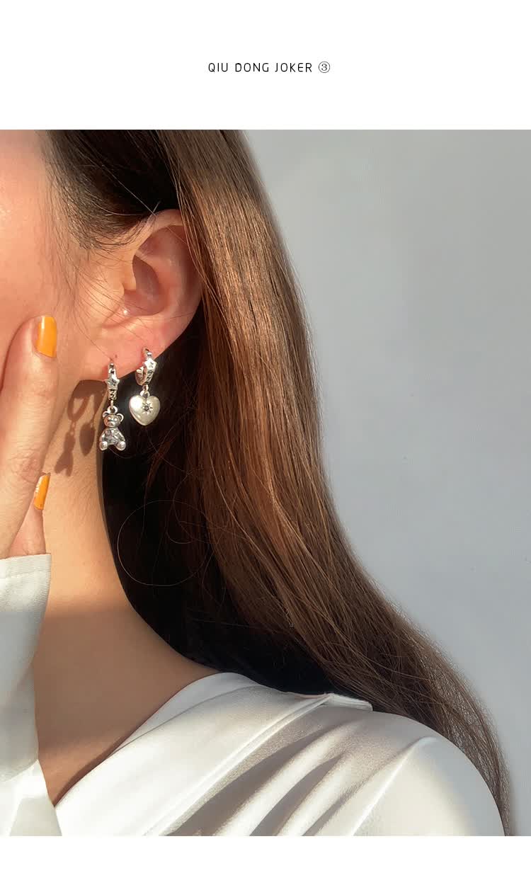 佰伊辰38妇女节礼物做旧复古不对称爱心熊耳扣银耳环女酷帅街头ins