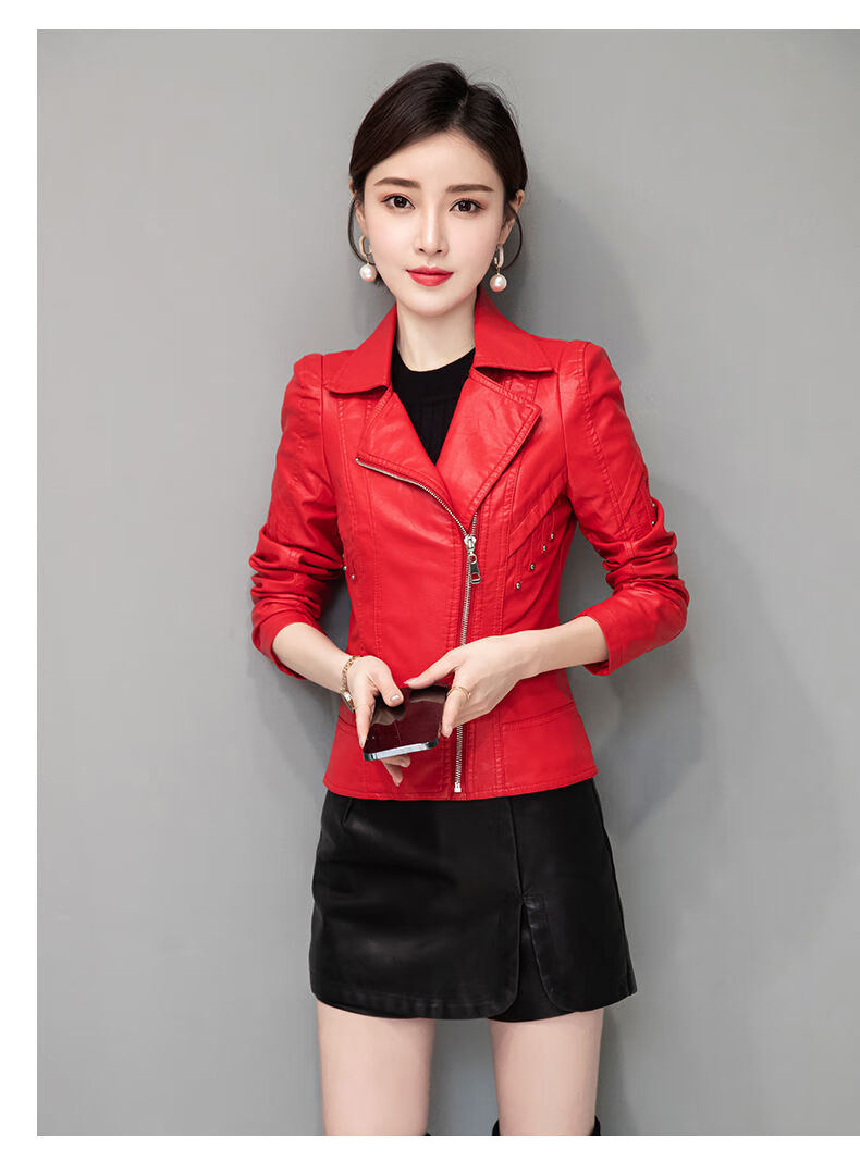 皮衣外套女皮衣皮裤裙时尚两件套2021新款韩版皮衣套装春秋外套女红色