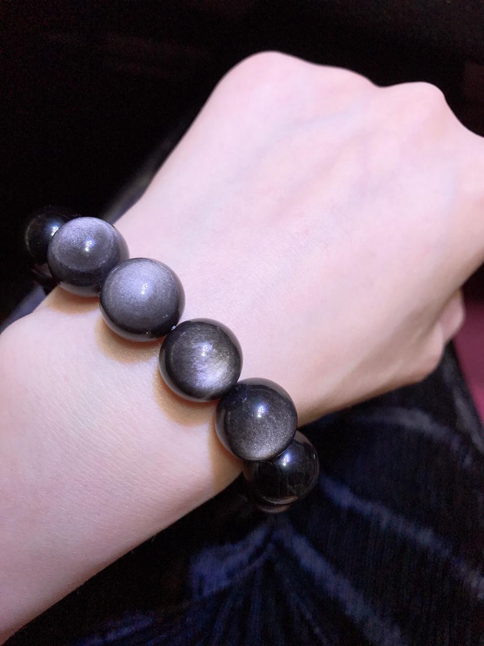 珍韵缘黑曜石中贵族 猫眼银月黑曜石手链 稀有矿 双眼 保平安 珠子