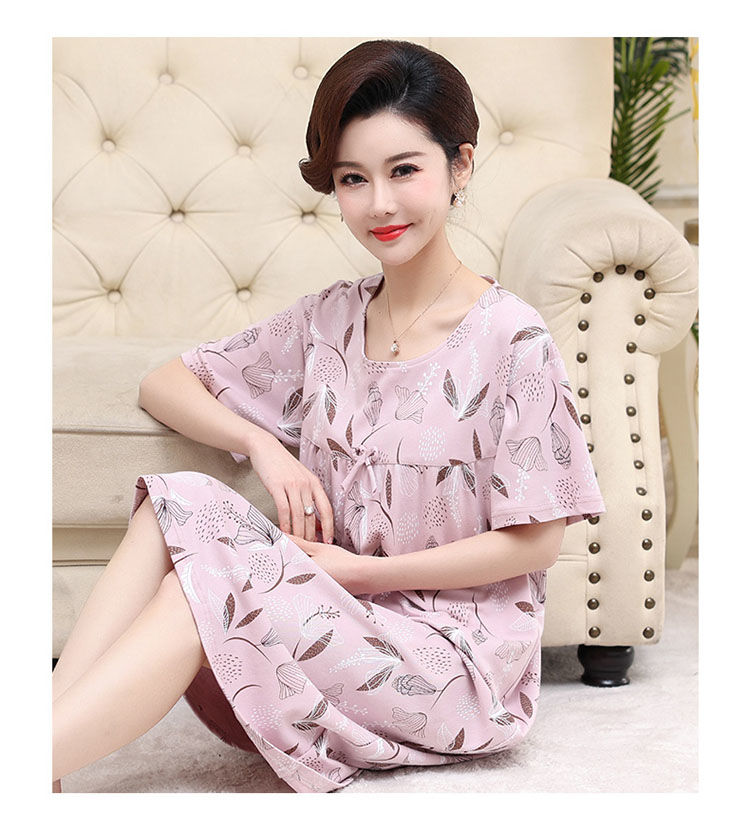 妈妈睡裙女士夏季中年短袖纯棉连衣裙中老年人夏天中长款睡衣薄款8822