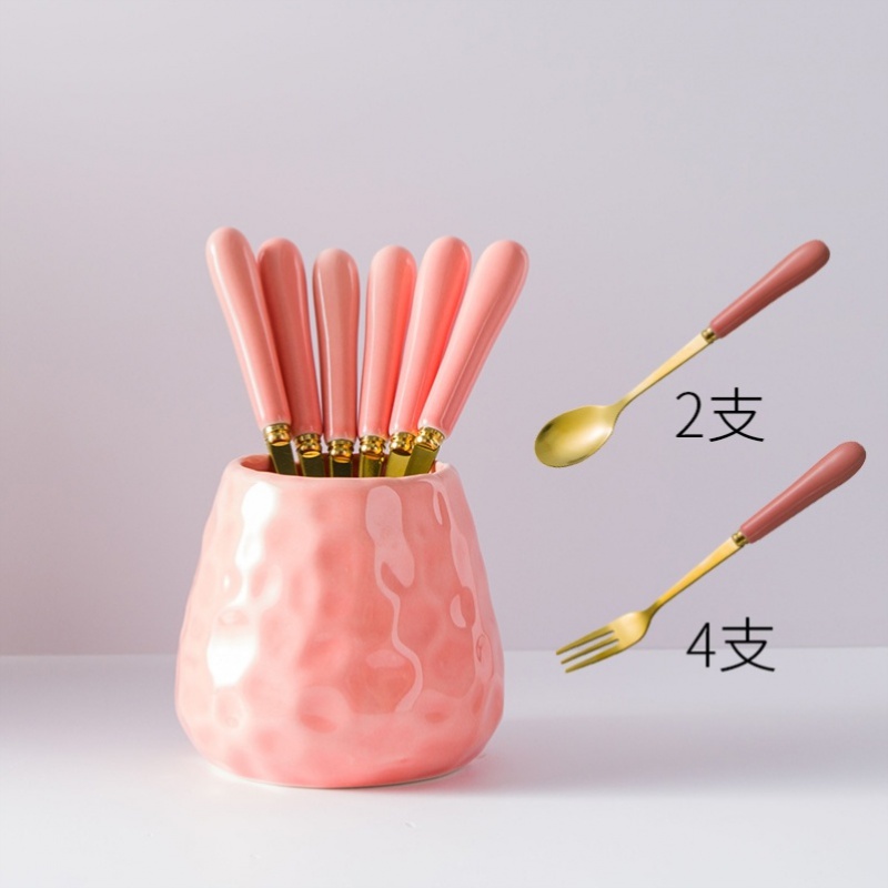 心吃的小儿童不伤嘴精致不锈钢家用点心叉子 粉色银6叉 收纳罐【图片