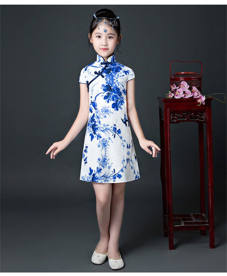 咕咕爱儿童旗袍大童中国风女童青花瓷小女孩国潮连衣裙古筝演出服夏季