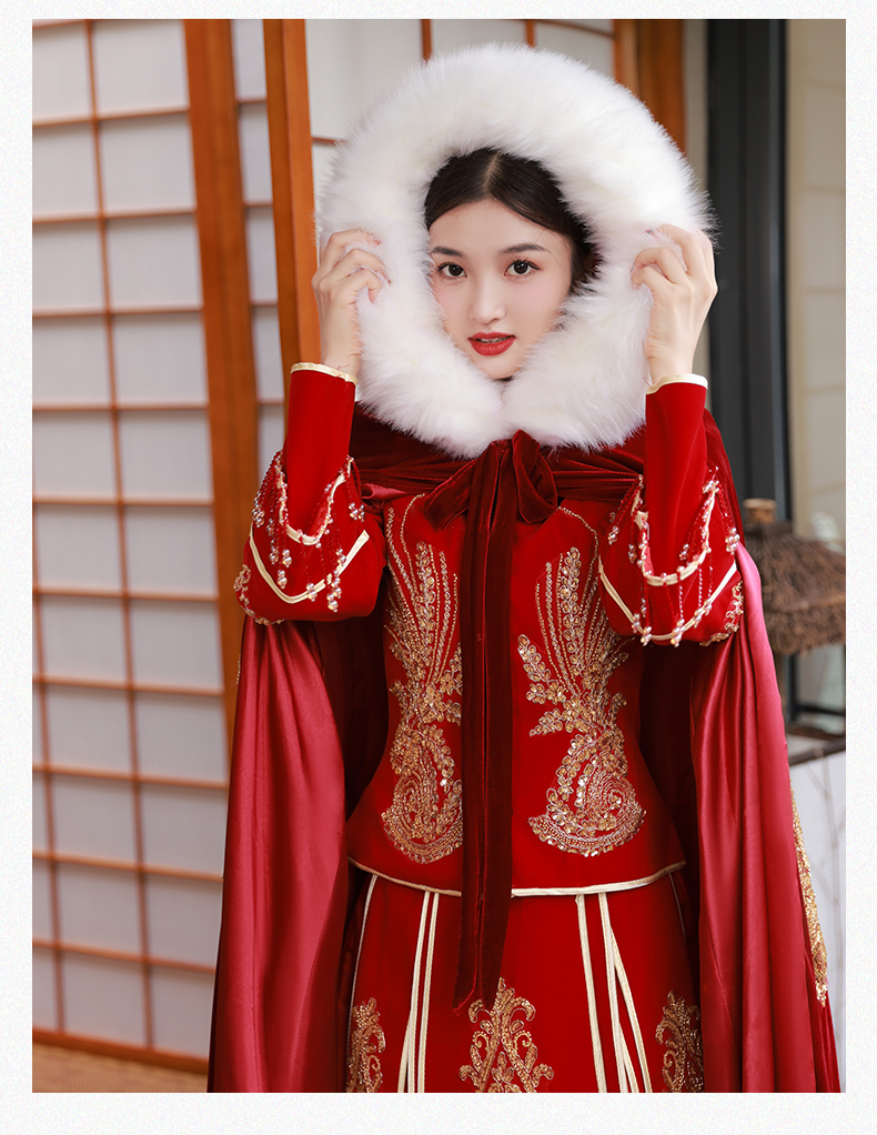 古装汉服斗篷外套女冬古风加绒新娘秀禾服披风季加厚保暖红色中式婚纱