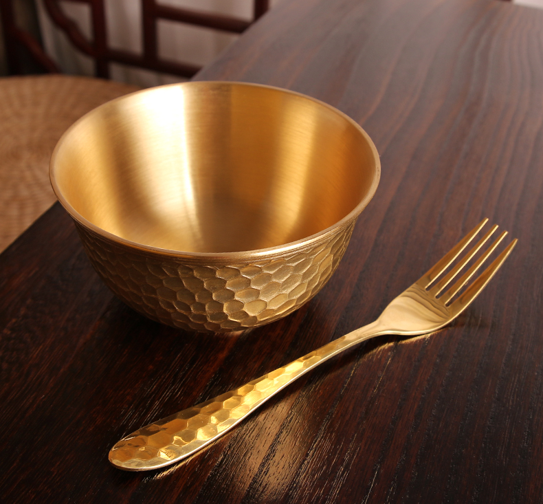 纯铜加厚碗筷勺叉套装家用防烫黄铜饭碗工艺品结婚礼物金饭碗韩式12