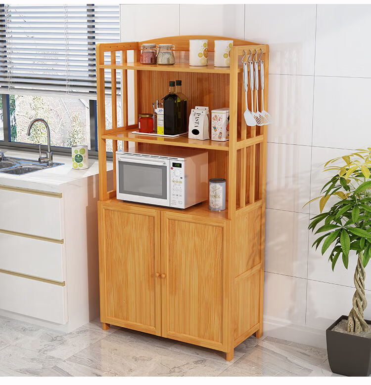 厨房整理收纳柜微波炉置物架储物柜子有门落地多层实木架带门加固五层