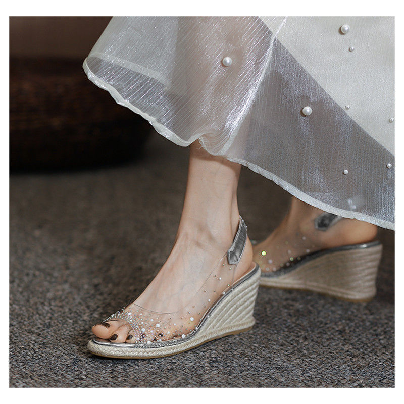 鱼嘴高跟鞋凉鞋女夏季透明鱼嘴坡跟百搭小众设计草编后空水钻高跟银色