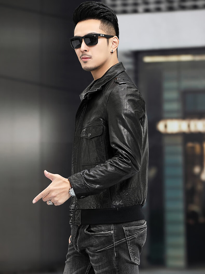 多口袋潮流皮衣男绵羊皮时尚休闲短款皮夹克韩版修身翻领外套男 棕色