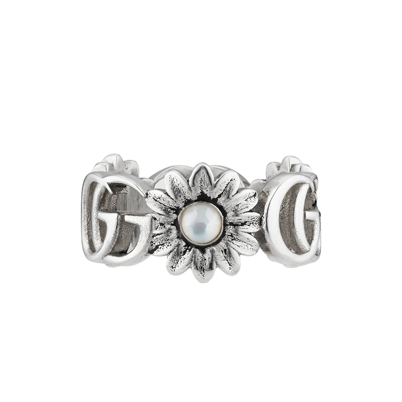 【包税】gucci/古驰 经典925纯银花朵镶嵌白色珍珠母贝绿松石蓝色托帕