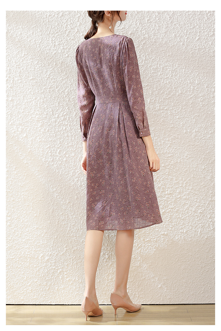 勿忘花紫色纯棉碎花连衣裙女秋装2021秋季新款时尚气质中长款裙子