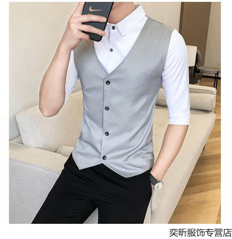 袋鼠七分袖衬衫男假两件马甲两件套发型师餐厅ktv工作服短袖黑衣深灰