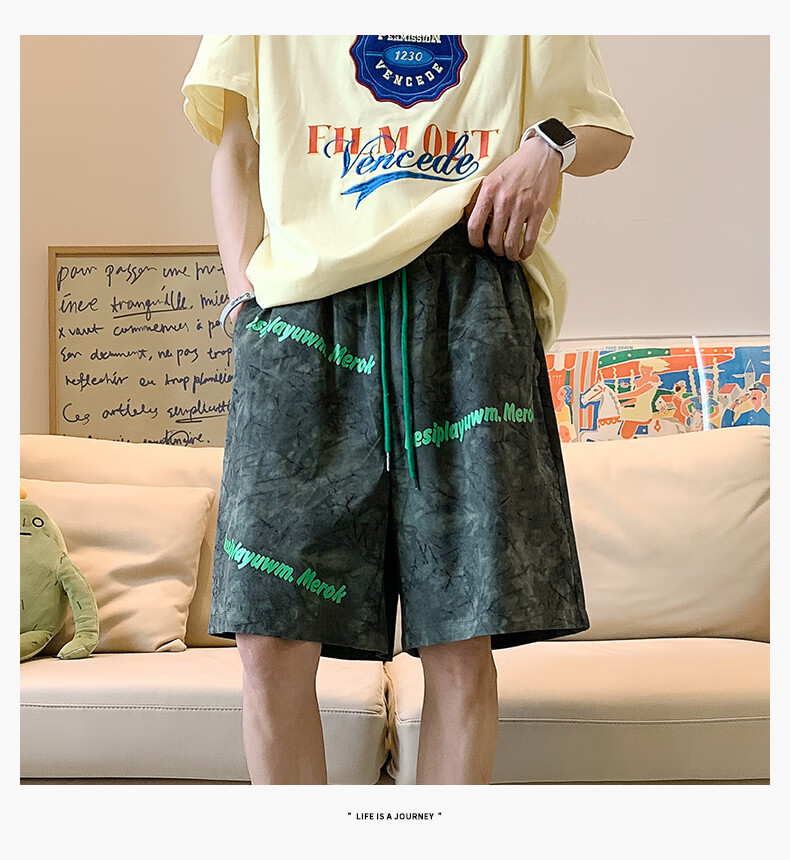 港风兄弟短裤男潮牌ins宽松印花休闲五分裤薄款渐变色帅气沙滩裤潮流