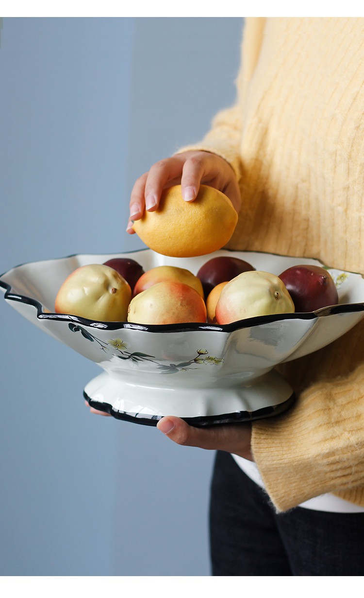 新中式创意ins风陶瓷水果盘大号家用客厅茶几餐桌干果盘装饰摆件绣线