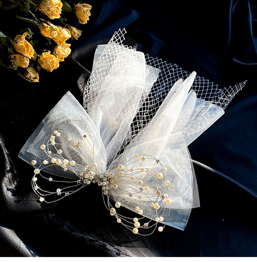 结婚造型配饰品旅拍写真超仙头饰网纱发夹 模特同款短款蝴蝶结头纱