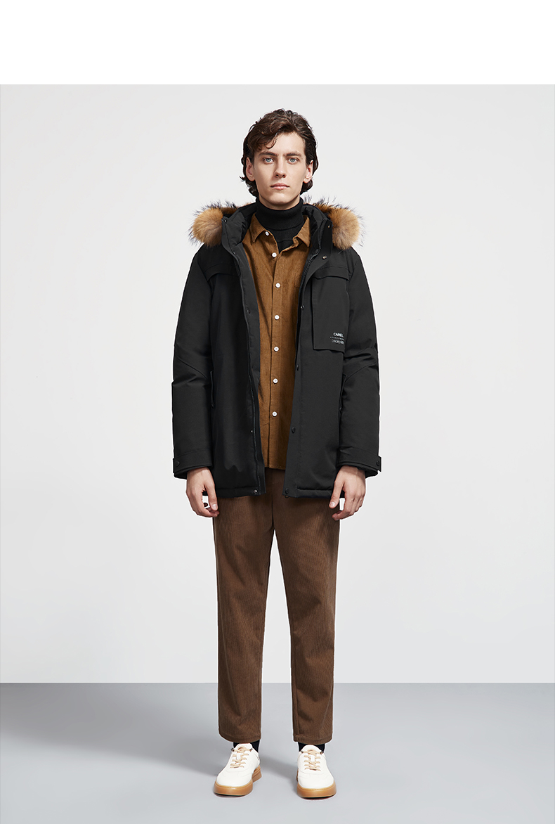 骆驼男装冬季工装羽绒服男潮流大毛领中长款工装外套服dby105143灰绿m