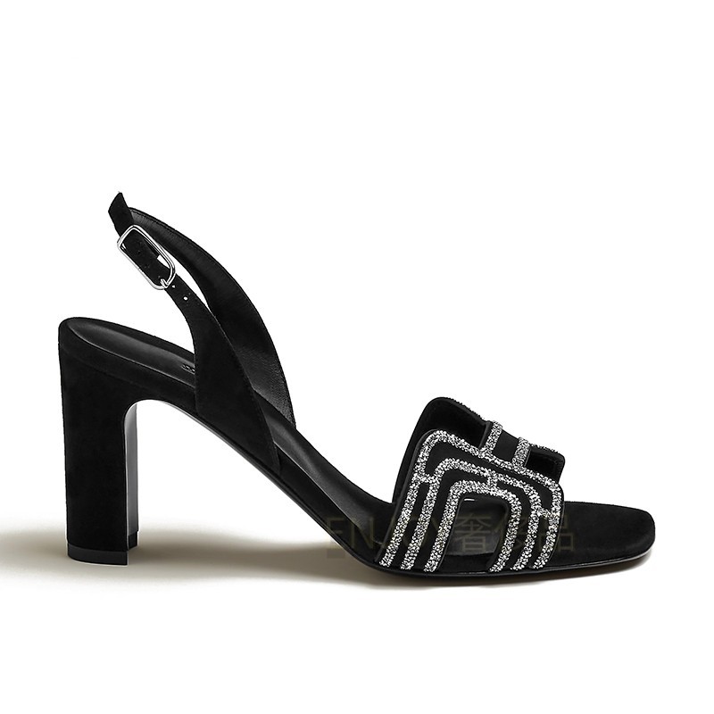 hermes爱马仕女鞋凉鞋高跟鞋山羊皮麂皮水钻细节跟高8厘米 黑色 36