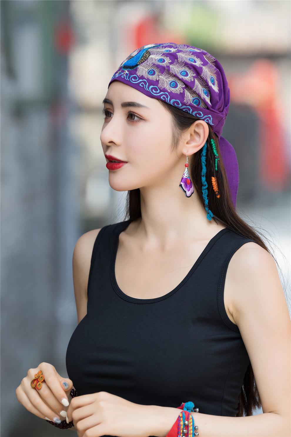 欧倩姗新品夏天戴的遮白发帽子新款民族风绣花帽子百搭棉麻薄款头巾帽