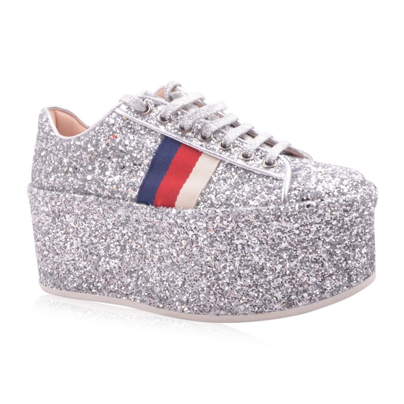 gucci古驰女鞋亮片条纹拼色厚底系带松糕鞋475105银色意码345