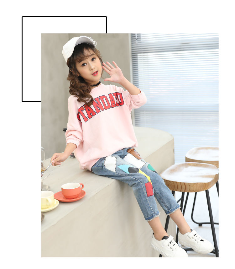 童装女童牛仔裤小女孩宽松长裤哈伦裤春装中大童休闲洋气长裤1蓝色