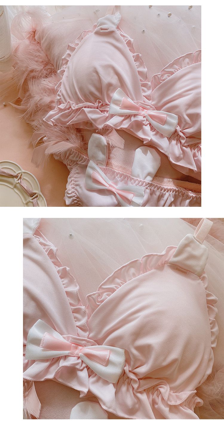 女生内衣套装日系文胸套装可爱兔子内衣蝴蝶结甜美粉色牛奶丝内衣上托