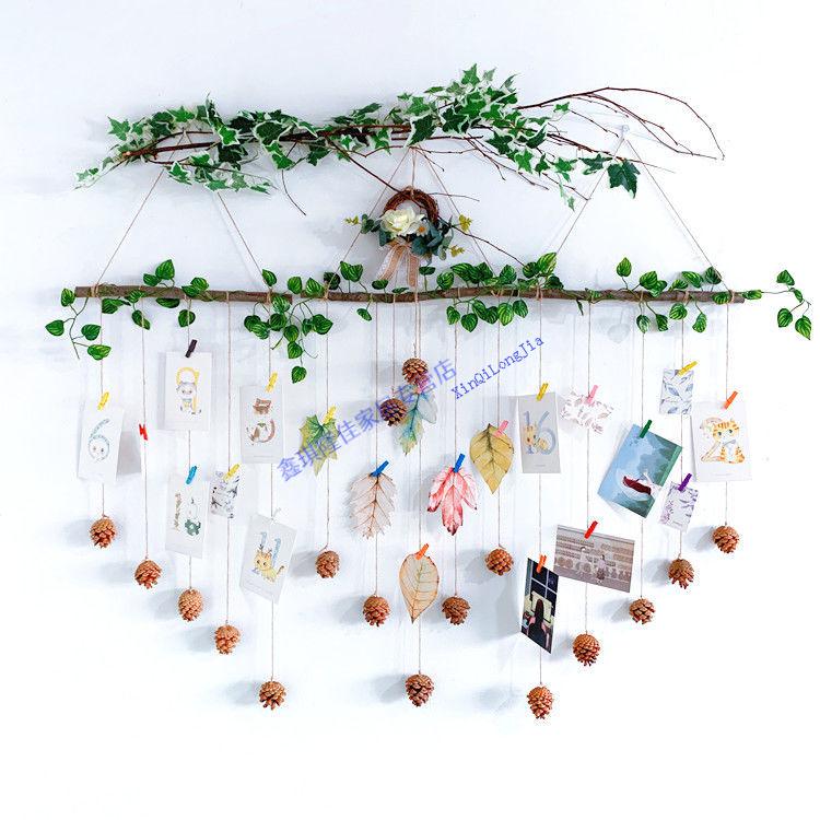 墙上挂照片装饰手工麻绳树枝松果壁饰客厅墙饰房间室内照片墙装饰照片