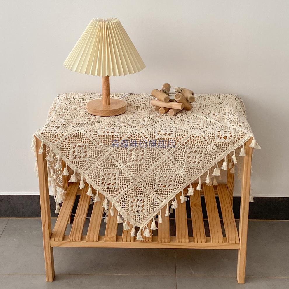 正方形床头柜盖巾高级田园镂空钩针蕾丝桌布ins风复古小圆桌方桌布正