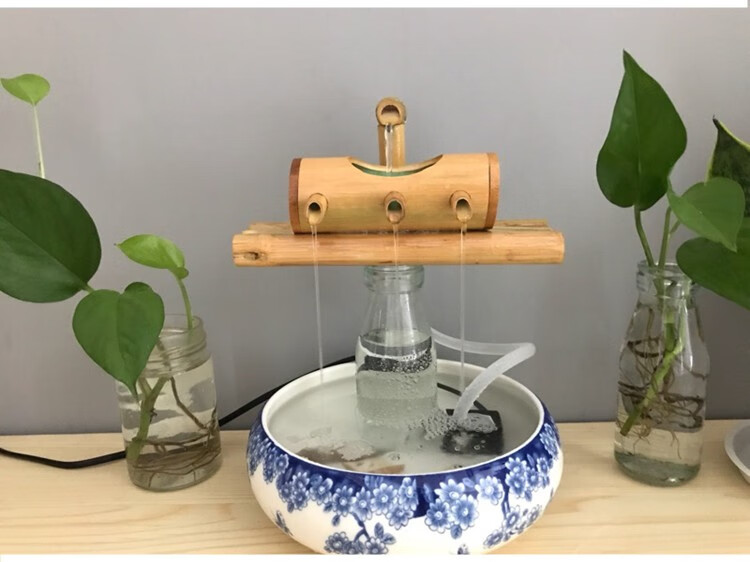 可狄水缸造景陶瓷鱼缸流水竹子流水摆件循环水摆件竹筒流水器石槽过滤