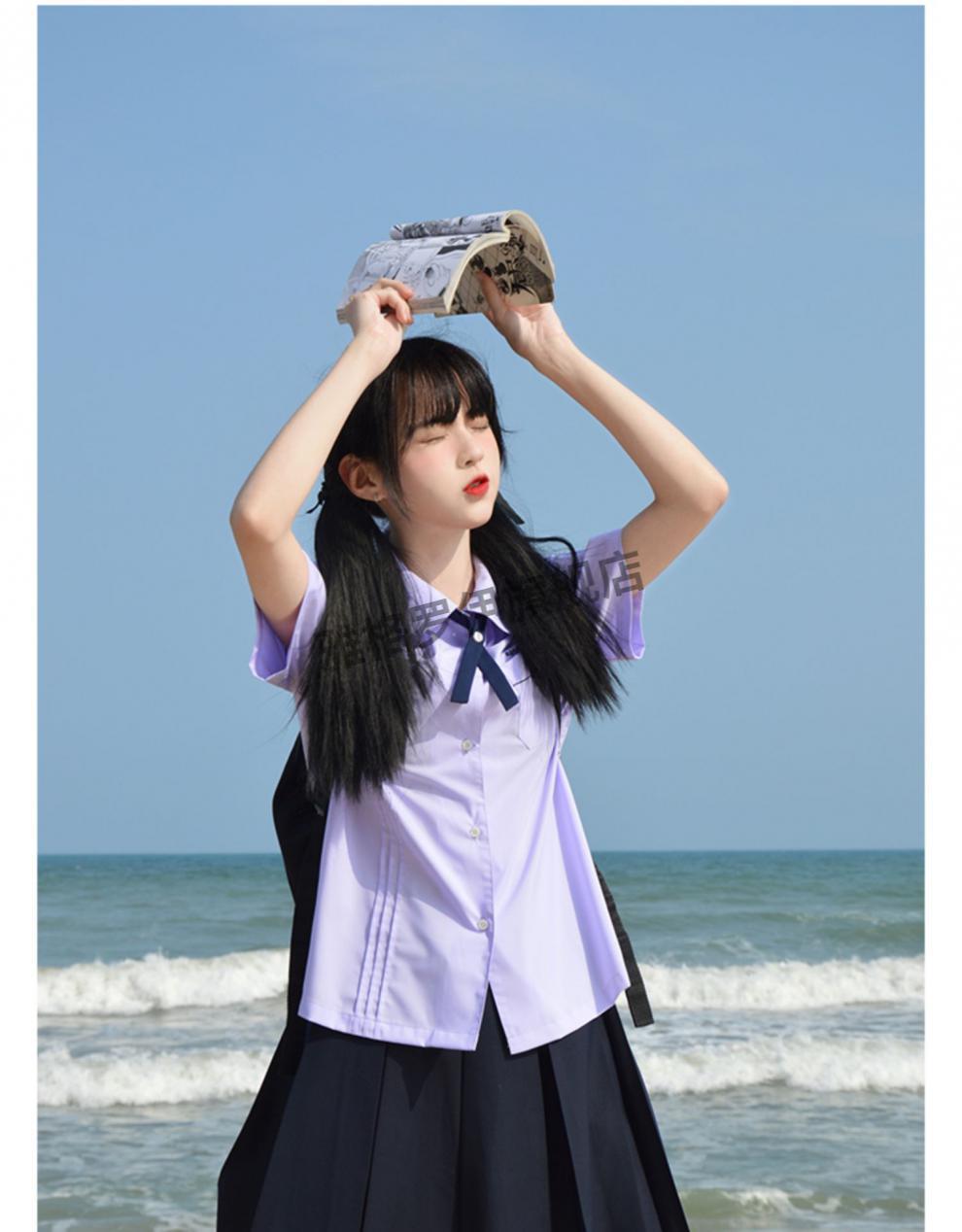 jk制服套装女学院风夏季半身裙格裙紫色泰式刺绣水手服校服圆领短袖