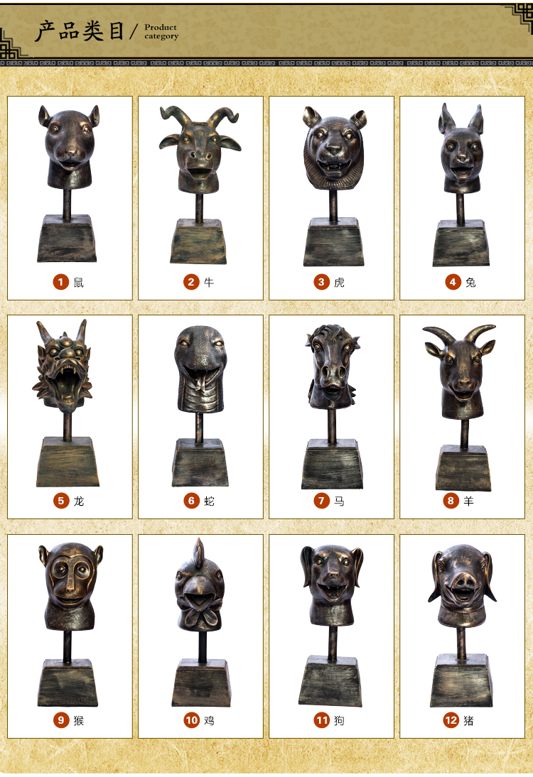 十二生肖兽首铜摆件圆明园十二生肖12兽首全套铜像创意中式树脂工艺品