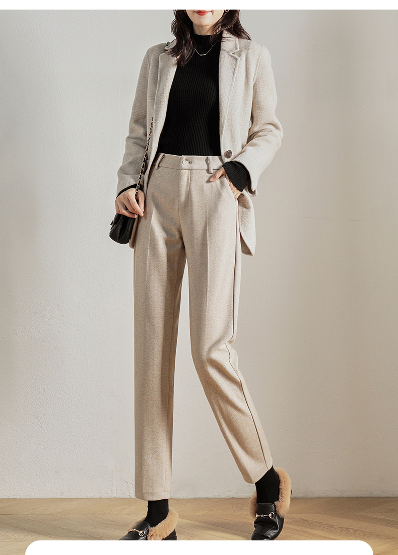 娅丽达女裤米色烟管裤女仿毛呢西装裤2021秋冬新款裤子高腰直筒裤 米