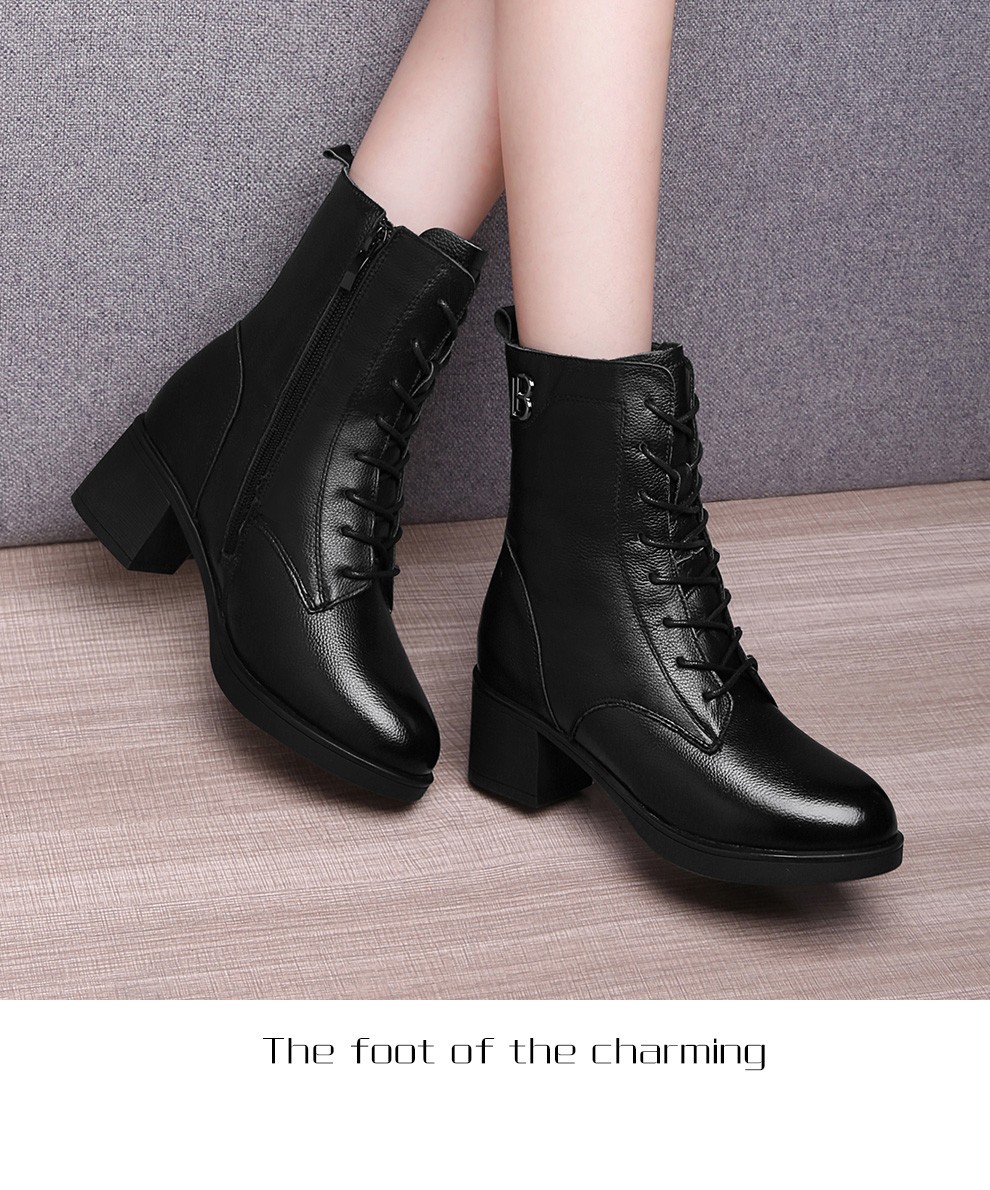 牛皮短靴女冬季新款女鞋子冬鞋粗跟中跟马丁靴女棉皮鞋皮靴加绒棉鞋棉