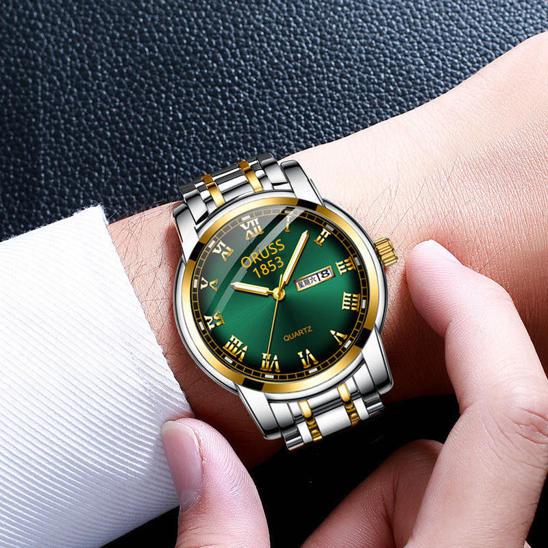 oruss手表瑞士手表男士商务韩版防水夜光双日历 银带白【质保十年