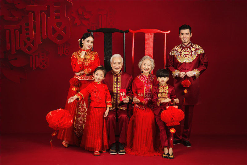 影楼六口拍照服装亲子主题红色喜庆唐古装写真服饰 1号全家福六口服装