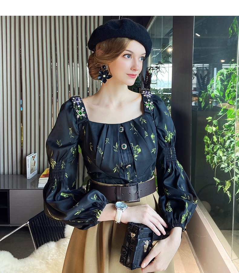 粉红大布娃娃印花长袖衬衫女新品秋装修身显瘦休闲百搭方领衬衣时尚