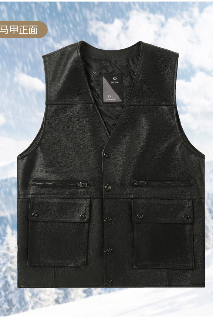 jeep吉普轻奢高档品牌男装眞皮马甲男头层牛皮马甲v领多兜摄影记者中