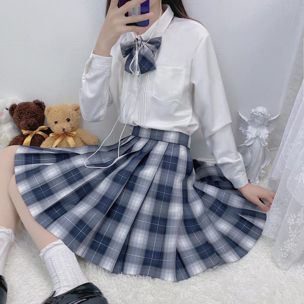 圣洛锋梦幻星空原创jk格裙银线格裙百褶裙春秋42cm裙长领结l
