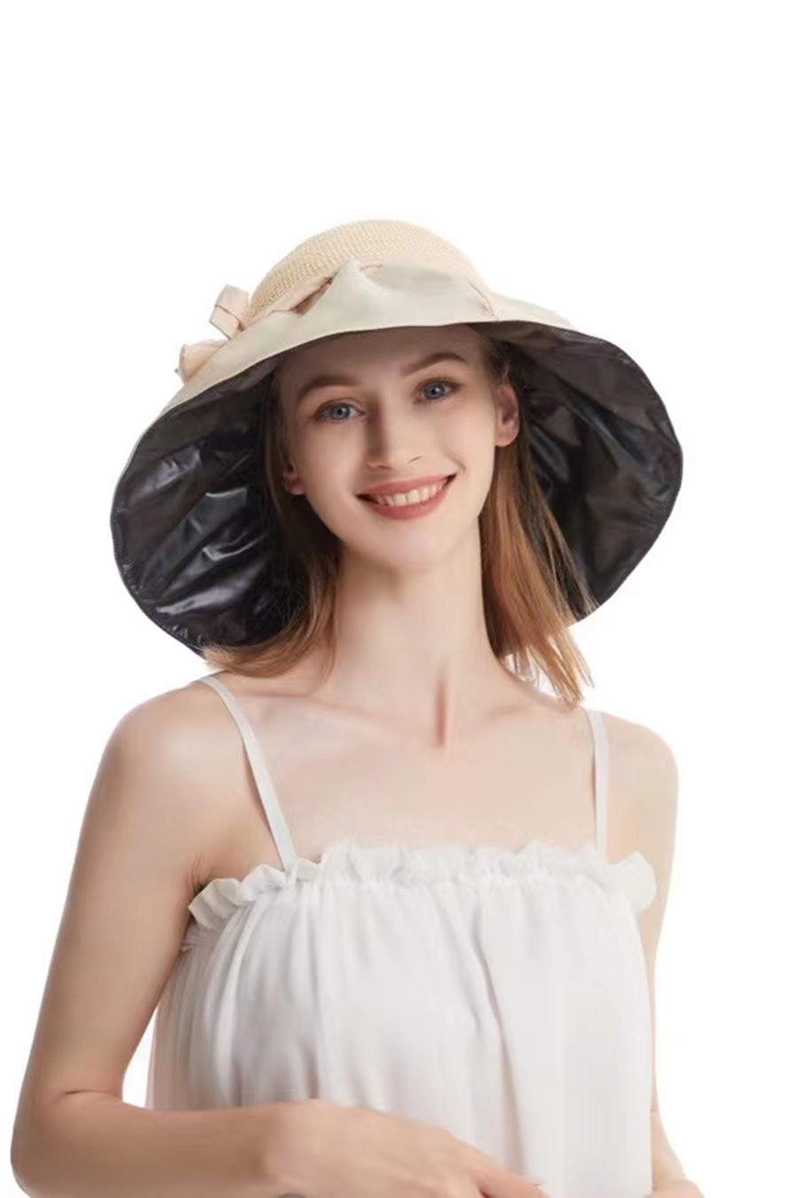 2022新款珂宣尼防晒帽珂宣尼防晒帽蝴蝶结遮阳大檐女太阳帽百搭黑胶