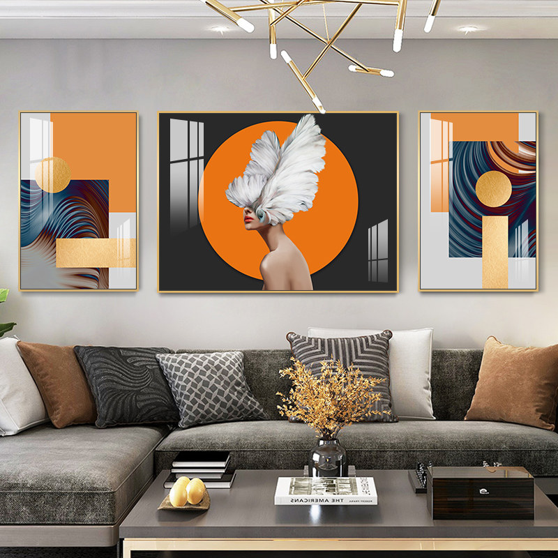 客厅装饰画现代简约沙发背景墙挂画橙橘色人物三联画时尚轻奢壁画