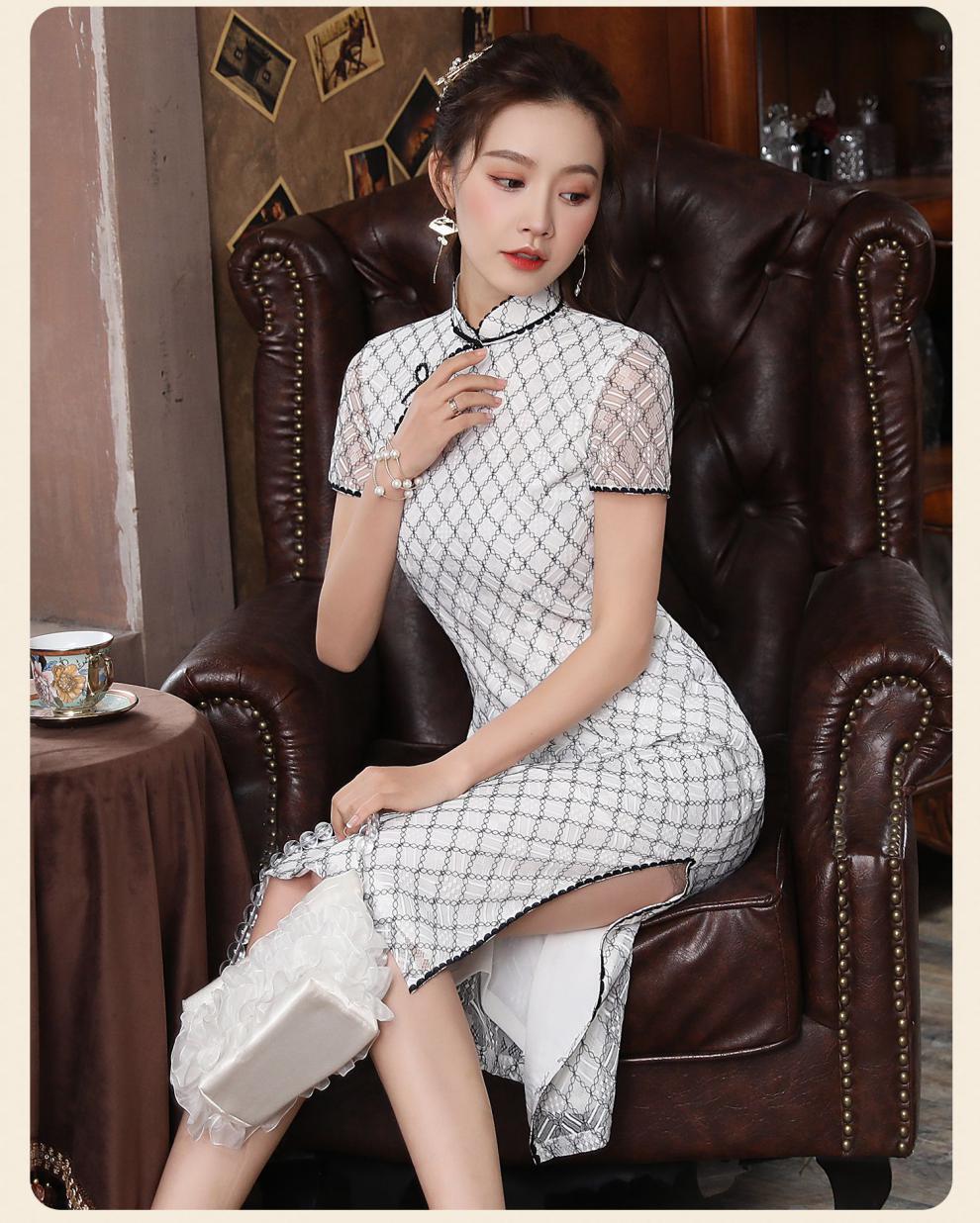 秀观唐颜玉2021夏季新款改良优雅蕾丝日常优雅修身中国风旗袍裙 白色