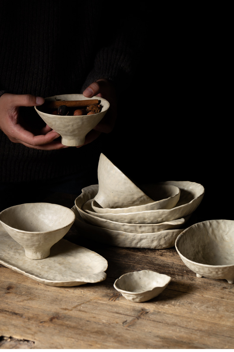 白色粗陶果盘餐具景德镇纯手工捏餐盘果盘碗碟水果摆放粗陶盘子10寸手